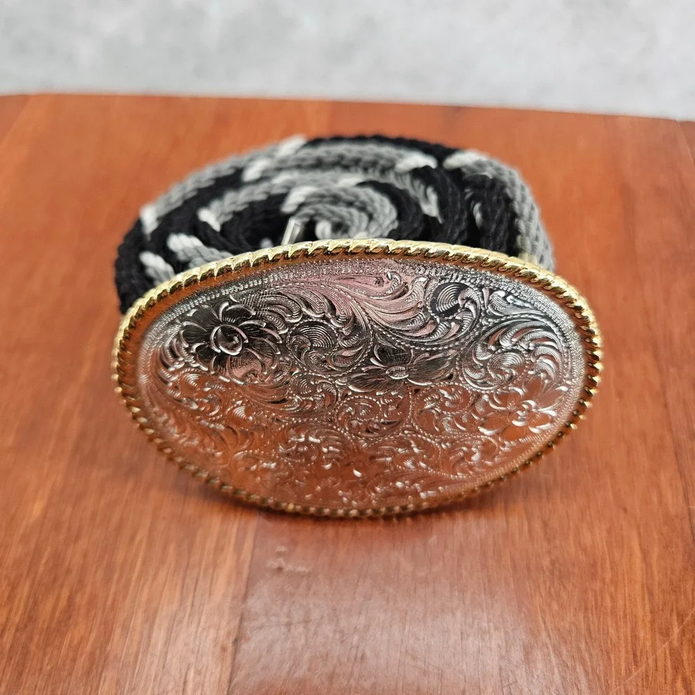 Nocona Buckles‎ Western Cowboy Belt Oval Engraved Braided Black Gray White 38